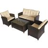 VivaGarden Set 4 Pezzi Arredo Esterno in Rattan PE con Divano, 2 Poltrone e Tavolino con Ripiano in Vetro Temperato colore Marrone/Beige - 117B1