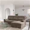 DEGHI Divano letto 3 posti in tessuto ciniglia tortora a costine con chaise longue contenitore a destra e sistema estraibile - Heure