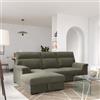 DEGHI Divano letto 3 posti in tessuto ciniglia verde scuro a costine con chaise longue contenitore a sinistra e sistema estraibile - Heure