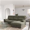 DEGHI Divano letto 3 posti in tessuto ciniglia verde salvia a costine con chaise longue contenitore a destra e sistema estraibile - Heure