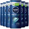 Nivea Men Fresh Kick Detergente Corpo Viso Capelli 3in1 Gel Doccia Uomo Shampoo Multiuso Formula Biodegradabile Effetto Rinfrescante con Mentolo Freschezza 24h a Lunga Durata - 6 Flaconi da 250ml