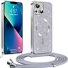 Phoona Glitter Cover per iPhone 13/ iPhone 14 6,1 con Cordino, Antiurto Silicone Protezione, Compatibile con MagSafe Cover con Cordino, Anti Graffi, Non Ingiallente, Argento