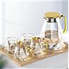 DUJUST Caraffa Vetro con 4 Tazze, 1 Vassoio, Elegante Brocca Acqua con Design a Diamante con Manico, Caraffa in Vetro Resistente per Tè Freddo, Bevande, Caffè Caldo/Freddo - Coperchio Dorato