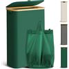 Youdenova, Cesto portabiancheria con coperchio, 48 l, stretto, con sacco grande per la biancheria, pieghevole, in legno di bambù, verde