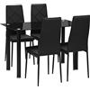 HOMCOM Set Tavolo da Pranzo con 4 Sedie, Tavolo Rettangolare in Vetro Temperato e Acciaio e Sedie Imbottite con Schienale Alto per Cucina e Salotto, Nero