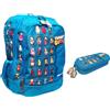 PRESTIGE & DELUXE Zaino Scuola Stumble Guys Azzurro Tondo 3 scomparti con badge - Tinta Unita Pool Over + Astuccio ovale + 7 Penne cancellabili e portachiave Stumble Guys