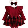 ESSECMBS Pagliaccetto Natalizio Manica Lunga Neonata Tutina Invernale Bimba con Bowknot Natalle Body Elegante Neonata con Maniche Volant a Quadri Rosso +Fascia per Neonata (Rosso, 18-24 Mesi)