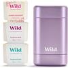 Wild - Deodorante Naturale Ricaricabile - Senza Alluminio - Astuccio Viola con Varie Ricariche (3 x 40g) - Incluse Profumazioni Fresh Cotton & Sea Salt, Cherry Blossom e Coconut & Vanilla
