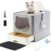 HelloMiao Lettiera per Gatti con Coperchio Chiusa, Deodorante a Cassetto Grande, Pieghevole con Paletta (Grigio + Tappetino da Pavimento)