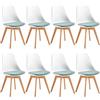 EGGREE Set di 8 Sedie da Sala da Pranzo con Gambe in Faggio Solido Sedie di Design Moderno per Ufficio Cucina, Schienale Bianco - Cuscino in Velluto Verde Acqua
