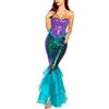 CocMouse Costume da sirena da donna, maxi abito senza spalline, con volant e paillettes, gonna lunga a coda lunga, per cosplay e Halloween, Blu, XL