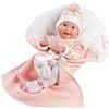 Llorens 1063596 - Bambola Bimba, con occhi azzurri, con corpo in vinile, con vestito rosa, ciuccio e coperta morbida, 35 cm