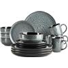MÄSER 934110 Serie Filippa, servizio stoviglie in ceramica per 4 persone, moderno set di stoviglie combinate da 16 pezzi; piatti, ciotole e tazze con smalto reattivo in verde e nero, gres verde.