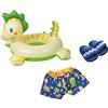 Heless 22 - Set da Nuoto per Bambole, Design Dino, 3 Pezzi con Pantaloni da Bagno, Ciabatte da Bagno e Anello da Nuoto, Dimensioni Circa 35 - 45 cm, per Il Divertimento del Bagno nelle Calde giornate