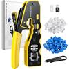 Proster Pinza Crimpatrice RJ45 Pass Through Multifunzione Spelafili per Cavo Rete RJ45 Cat6 Cat5 Cat5A e Kit Strumento Crimpatura con 50pz Connettori Cat6 e Coperture di Protezione Giallo