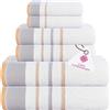 CASA COPENHAGEN White Bay Asciugamano in cotone egiziano da 600 gsm per hotel Spa Cucina Bagno Set di 6 2 panni da bagno 2 mani 2 lavaggi - bianco con bordo grigio e beige