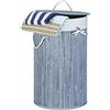 Relaxdays 1x Cesto Portabiancheria, Rotondo, Pieghevole, 70 L di Volume, Coperchio e Sacco di Cotone, Ø 41 cm, Grigio