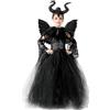 KUJAIS Malefica Costume Bambina: Vestito da Regina Strega Cattiva - Maleficent Abito in Tulle Lavorato a Maglia con Corna Ali Nere e Scialle per Halloween Carnevale Cosplay Festa (S (95-105cm))