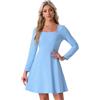 Allegra K Donna Abito Svasato Elegante Vita Alta Scollo Rotondo Perline Maniche Lunghe Celeste M