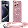 Phoona Glitter Cover per iPhone 15 Pro 6,1 con Cordino, Antiurto Silicone Protezione, Compatibile con MagSafe Cover con Cordino, Anti Graffi, Non Ingiallente, Rosa