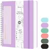 Qefuna Quaderno punteggiato A4,Bullet Dot Journal,Quaderno a spirale da 300 pagine,Carta resistente all'inchiostro 100 g/m², Copertina rigida in PVC,con righello, Tasche espandibili,Elastici- Viola