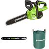 Greenworks Motosega a Batteria, Lunghezza Barra 12-Pollice (30 cm) SENZA Batteria 40V e Caricabatterie + Greenworks 10cm barra a catena + Greenworks Sacco da giardinaggio da 120l