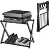 HOMASIS Portavaligie Pieghevole, Sgabelli Reggivaligia in Metallo, Supporto per Valigie e Borsoni con Mensola, Portascarpe, Porta Valigie da Camera Hotel, 68 x 43 x 56 (Nero)