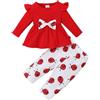 KONFEN Completo Neonata 2 Pezzi, Neonato Vestiti Coccinella Maniche Lunga Top con Volant con Nodo a Fiocco + Pantaloni 2 Pz Set, Neonato T-shirt Pantaloni Set Rosso per Bambina Unisex 12-18 Mesi