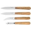Opinel - Set di 4 Coltelli da Cucina Essenziali in Olivo - N°112 Coltello da Chef, N°113 Coltello Seghettato, N°114 Coltello per Verdure, N°115 Pelapatate - Manico in Legno di Olivo