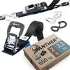 valonic PANTHER - 2x 2,25m cinghie di fissaggio con ganci per moto, 38mm, 650/1300 Kg, imbottitura, Certificato TÜV Rheinl. / GS, EN 12195-2 - distanza di fissaggio molto breve