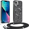 Phoona Glitter Cover per iPhone 13/ iPhone 14 6,1 con Cordino, Antiurto Silicone Protezione, Compatibile con MagSafe Cover con Cordino, Anti Graffi, Non Ingiallente, Nero
