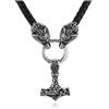 PiercingJak Collana da uomo con ciondolo a forma di martello di Thor, in acciaio inox, stile vintage nordico vichingo Mjolnir con simbolo pagano celtico in vera pelle nera, Pelle Acciaio inossidabile