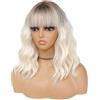 colorful panda Colorfulpanda - Parrucca corta a caschetto da donna, biondo chiaro, con radici castane, ricci e mossi, con frangia, capelli sintetici naturali resistenti al calore, per uso quotidiano e cosplay, 35,6