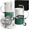 MIAMIO - Set di tazze da tè 2 x 500 ml con infusore e coperchio/Tazza da tè in ceramica con infusore e cucchiaio per la macerazione del tè in foglie, regali per gli amanti del tè (Verde scuro)