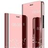 NEINEI Coque pour Xiaomi Redmi Note 9 Pro,Étui housse transparente antichoc Intelligent Coque Flip Cover,Standing Placage Technology Clear View Mirror Protection Case,Or Rose