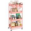 JIUYOTREE Carrello portaoggetti in plastica a 4 livelli con maniglie extra appese e ruote bloccabili, per soggiorno, bagno, cucina, ufficio, rosa