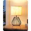 EDISHINE Lampada Tavolo Industriale, Base Metallo a Gabbia, Beige & Nero | Attacco E14, Bianco Caldo 2700 K, Paralume in Lino Vintage, Base in Metallo Nero per Camera, Soggiorno