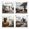AIBIIN Set di 4 federe per cuscini per Halloween, 45 x 45 cm, motivo zucca, fantasma, gatto nero, pipistrello, castello dolcetto o scherzetto, in lino, per casa, divano, soggiorno, ufficio, negozio
