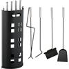 Relaxdays Set da 5 Attrezzi da Camino, Attizzatoio, Paletta, Scopino, Pinza e Supporto Porta Utensili, in Acciaio, Nero, 61 x 22 x 15 cm