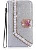 BLOTECH P Smart 2019 Cuore Lucido Flip Case Perla Strass Catena Glitter Diamante Carta di Credito Titolare Portafoglio Bling Sparkle Fotocamera Lente di Protezione Argento Glitter Cover Huawei P Smart 2019