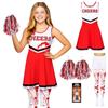 REDSTAR Costume 3 pezzi da cheerleader per bambina - Vestito zombie con calze insanguinate - Travestimento scolastico da non-morta per feste spaventose - Outfit per Halloween con dettagli realistici