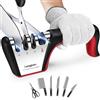 longzon Affilacoltelli Professionale, 4 in 1 Affila Coltelli da Cucina con Due Guanti Antitaglio, Affilacoltelli Manuale per Coltelli Dritti, Forbici, Sicuro e Facile da Usare - Rosso