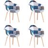 Uderkiny Set di 4 sedie da pranzo, Sedia patchwork scandinava, Design moderno, Schienale in lino, Gambe in legno (Blu, 4)