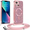 Phoona Glitter Cover per iPhone 13/ iPhone 14 6,1 con Cordino, Antiurto Silicone Protezione, Compatibile con MagSafe Cover con Cordino, Anti Graffi, Non Ingiallente, Rosa