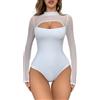 EVELIFE Body da donna sexy a maniche lunghe con taglio a maniche lunghe in tulle trasparente a collo alto con elastico basic, bianco, XL