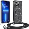 Phoona Glitter Cover per iPhone 13 Pro 6,1 con Cordino, Antiurto Silicone Protezione, Compatibile con MagSafe Cover con Cordino, Anti Graffi, Non Ingiallente, Nero