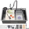 Ribanedy Lavello Da Cucina Cascata Grigio Scuro 86x50 cm, Lavello Da Cucina Da Incasso In Acciaio Inossidabile, Lavandino Moderno Versatile A Un Vasca Con Rubinetto Di Pulveizzazione Estraibile E