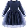Arshiner Ragazze Abito Tulle Splice Nappe Bambini Manica Lunga Abiti A-Line Elegante Lanterna Maniche Abito da Festa Moda Festivo Casual Autunno Inverno Abito per Ragazze 6-7 Anni Blu Marino