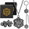 Keller & Weber Mini Set di Dadi DND con Portachiavi Portatile, Collana, Catena da Tasca, Gabbia Metallica Vuota D20 Drago, Mini Set Poliédrici in Metallo da 7 Pezzi, Regali D&D con Scatola Regalo, Argento Scuro