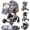 GLOKID Passeggino 3 in 1，Passeggino Canne，Trio，Portatile，Con Seggiolino Accessori，Adattatori universali，4 ruote con ammortizzatori，navicella，grandi ruote (LV9 Grigio)